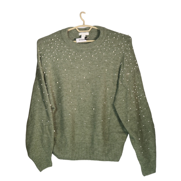 H&M Green Fuzzy Wool Blend Sweater Women M Faux Pearl Embellished Soft Cozy Chic - Picture 1 of 8